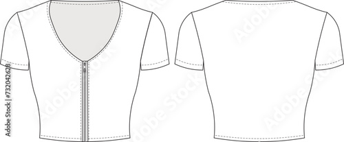 zippered v neck short sleeve tight bodycon elastic blouse tee top template technical drawing flat sketch cad mockup fashion woman design style model
