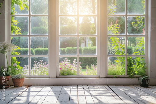 White tall window sill with summer garden on background