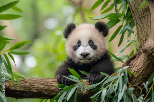 Baby panda eating bamboo in the forest  National panda day