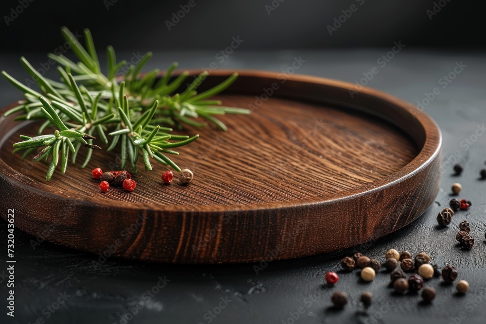 Beautiful empty round wooden tray with rosemary and pepper next to it on a dark background with space for products, text or inscriptions. Beautiful empty round wooden tray with rosemary and pepper next to it on a dark background with space for products, text or inscriptions.