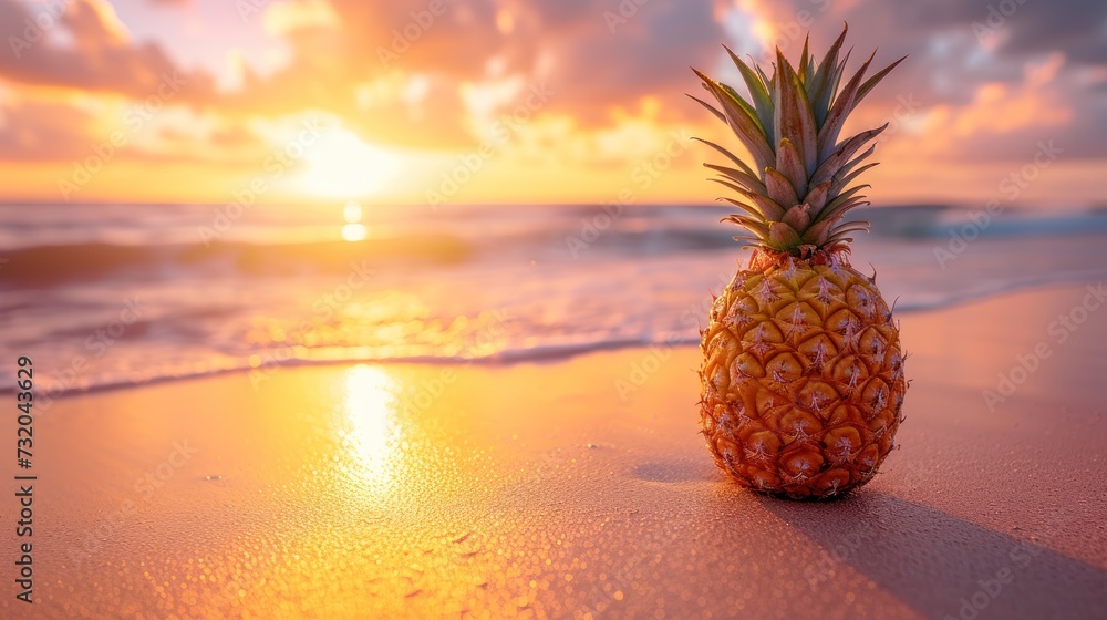 Pineapple on the beach at sunset. Tropical summer vacation concept. Copy space. Pineapple on the beach at sunset. Tropical summer vacation concept. Copy space.
