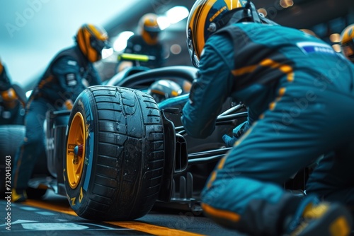 Support team changing F1 tires during race.