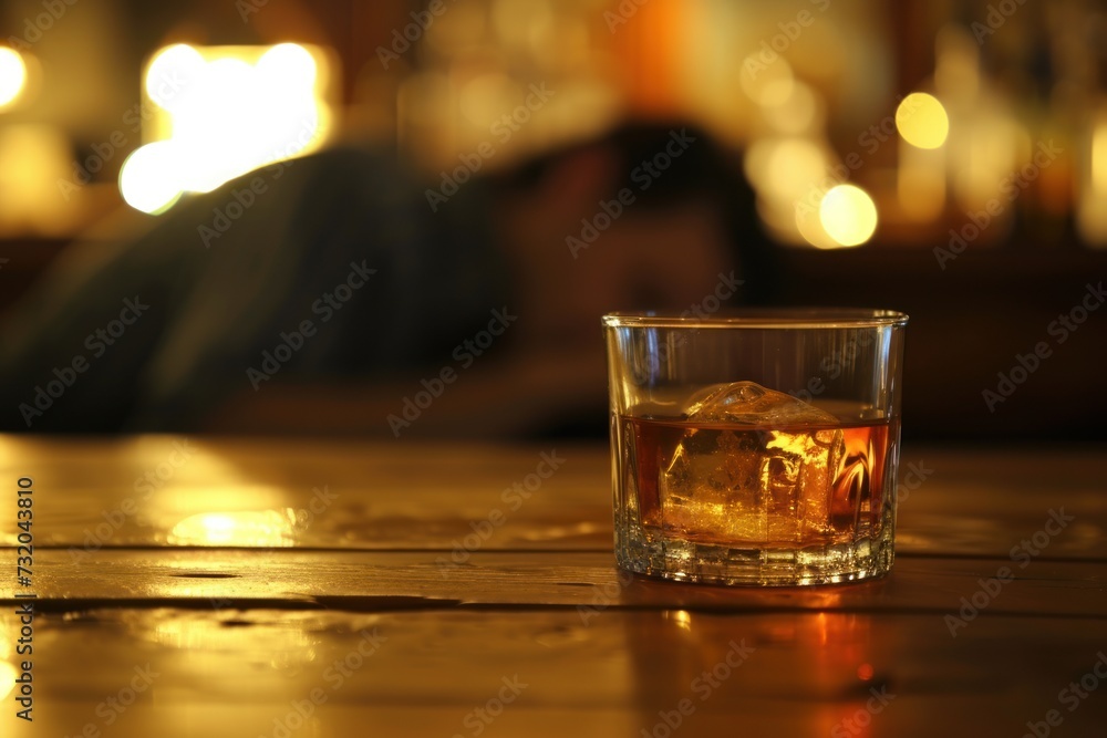 Glass of alcohol on a wooden table in a bar with a person drinking to sleep. Glass of alcohol on a wooden table in a bar with a person drinking to sleep.
