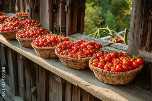 Tomatoes in baskets arranged on a wooden balcony against the backdrop of La Tomatina Festival. photo