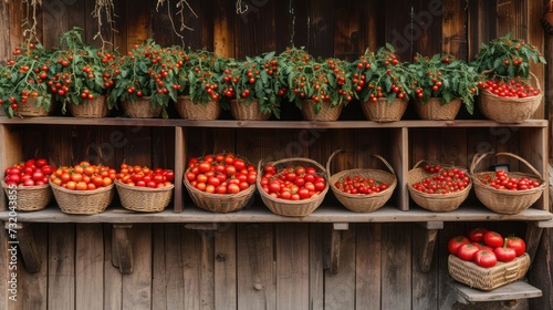 Tomatoes in baskets arranged on a wooden balcony against the backdrop of La Tomatina Festival.