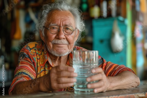 Old hispanic man holding an almost empty glass of water looking at the camera standing at a bar counter. 