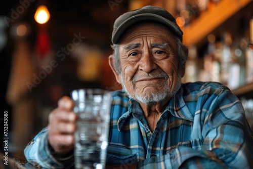 Old hispanic man holding an almost empty glass of water looking at the camera standing at a bar counter. 