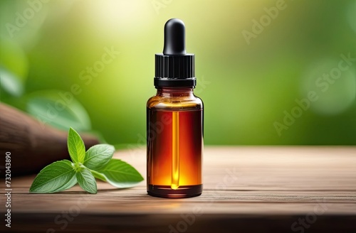 Dropper bottle styled mockup  cosmetic serum oil container template on botanical background with wood and plants.