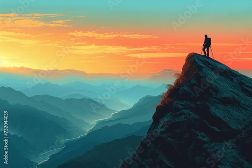 A hiker at the top of a mountain overlooking a stunning view. Apex silhouette cliffs, summits and valley landscape,copy space. © 2D_Jungle