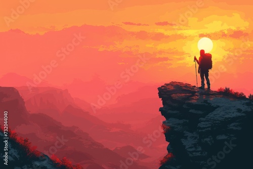 A hiker at the top of a mountain overlooking a stunning view. Apex silhouette cliffs, summits and valley landscape,copy space.