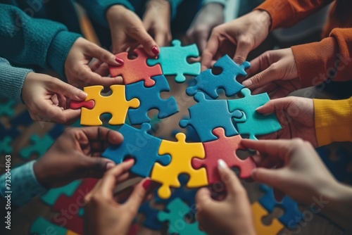 top view,Concept of teamwork and partnership. Hands join puzzle pieces in the office. business people putting the jigsaws team together.Charity, volunteer. Unity, team business. High quality photo.