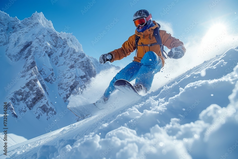 A daring skier braves the frozen slopes of a majestic mountain, carving through the snow and defying gravity on their trusty snowboard, capturing the thrill and exhilaration of an extreme winter spor
