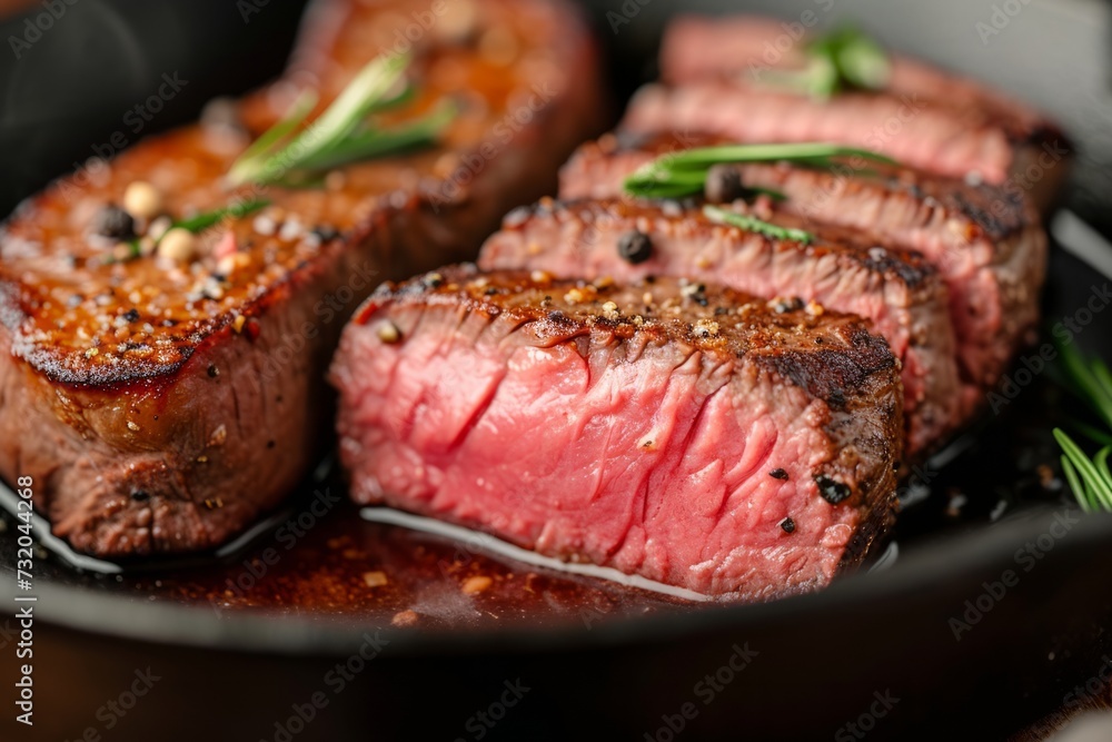 A tenderly sliced sous-vide beef steak presented in a cast iron pan