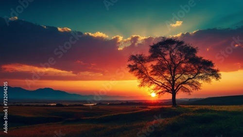Sundown scenery with trees, sky, and mountains reflecting in calm waters, showcasing the beauty of nature in the evening