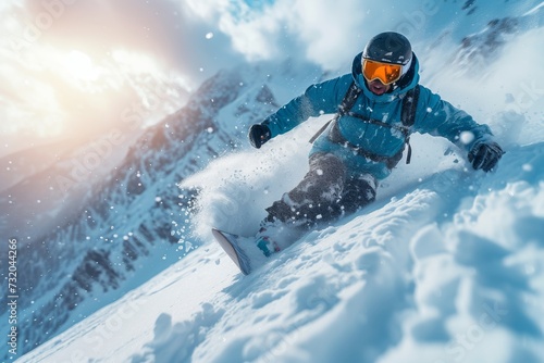 Braving the freezing slope, a person carves through the snow on their snowboard, donning a helmet and goggles as they conquer the extreme sport of slopestyle skiing down a majestic mountain