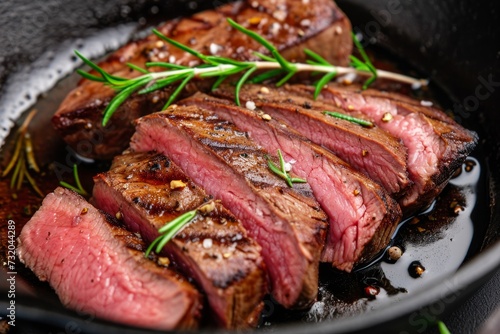 A tenderly sliced sous-vide beef steak presented in a cast iron pan