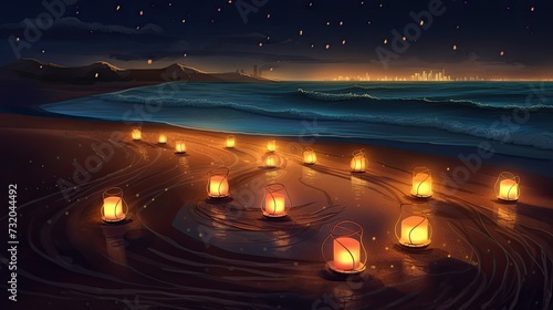 Ramadan lantern glowing on a beach illustrative background
