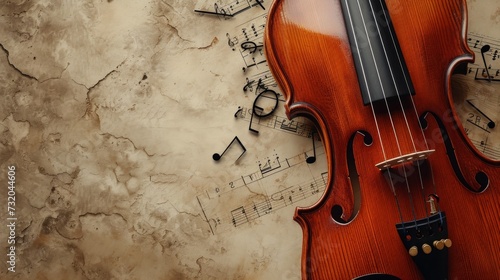 Minimalist portrayal of a violin and scattered musical notes
