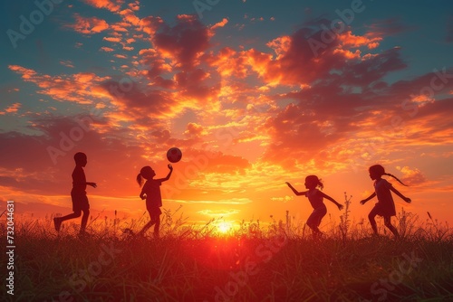 As the golden sun sets behind the horizon, a group of playful children frolic in the warm summer heat, their silhouettes against the colorful sky creating a beautiful scene of youthful joy and carefr