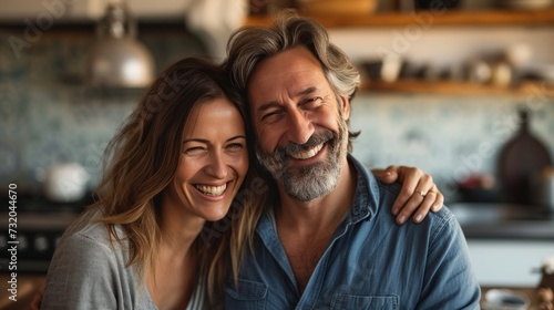 Simple yet charming image of a couple sharing laughter and smiles in the kitchen