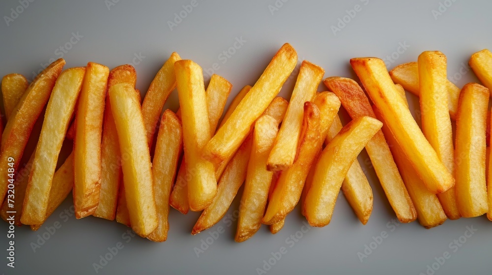 Minimalist photo capturing golden, crispy fries arranged neatly on a clean surface Minimalist photo capturing golden, crispy fries arranged neatly on a clean surface