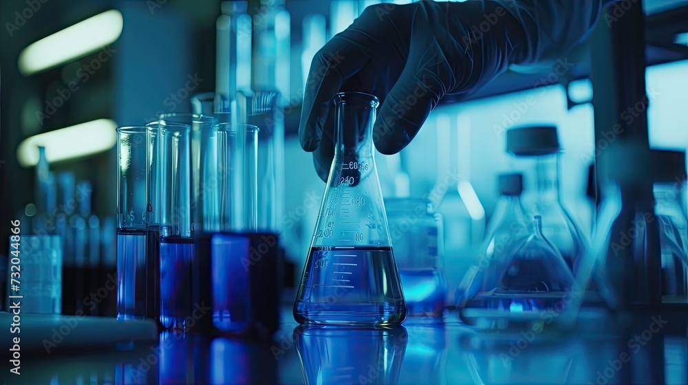 Scientific progress: Hand with test tube and flask in a medical chemistry laboratory. Blue banner background. Laboratory discovery and research Scientific progress: Hand with test tube and flask in a medical chemistry laboratory. Blue banner background. Laboratory discovery and research