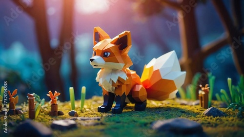 Voxel pixel art Fox in wild, animals made of 3d cubes, voxel illustration for video games or illustrating 3d animation and vfx studios. Generative AI	