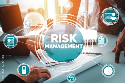 Risk Management and Assessment for Business Investment Concept. Modern interface showing symbols of strategy in risky plan analysis to control unpredictable loss and build financial safety. uds photo