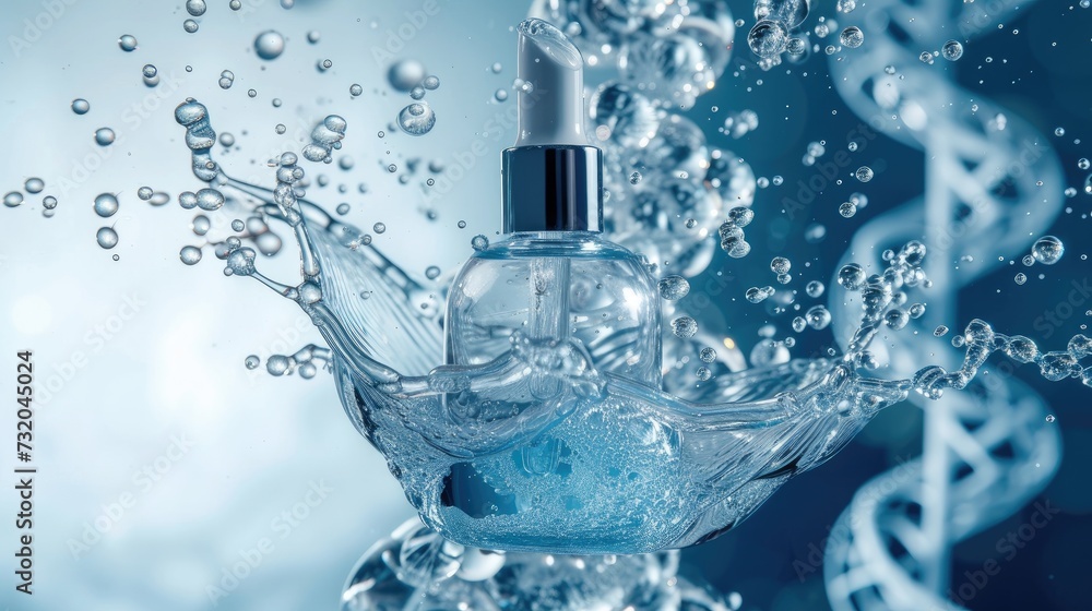 Beauty science concept: Essence display with liquid bubble and molecular structure on DNA water splash background. Scientific breakthrough in skincare Beauty science concept: Essence display with liquid bubble and molecular structure on DNA water splash background. Scientific breakthrough in skincare