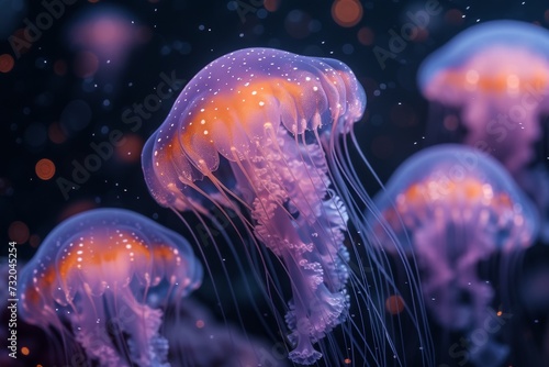 A mesmerizing underwater scene with glowing jellyfish, delicate marine invertebrates that illuminate the aquarium with their bioluminescence, showcasing the beauty and complexity of these cnidarian o © Gaga AI