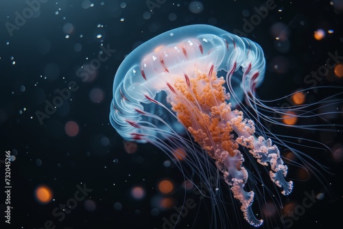 A bioluminescent jellyfish floats gracefully in the underwater world, mesmerizing with its intricate form and delicate movements among other marine invertebrates in the aquarium © familymedia