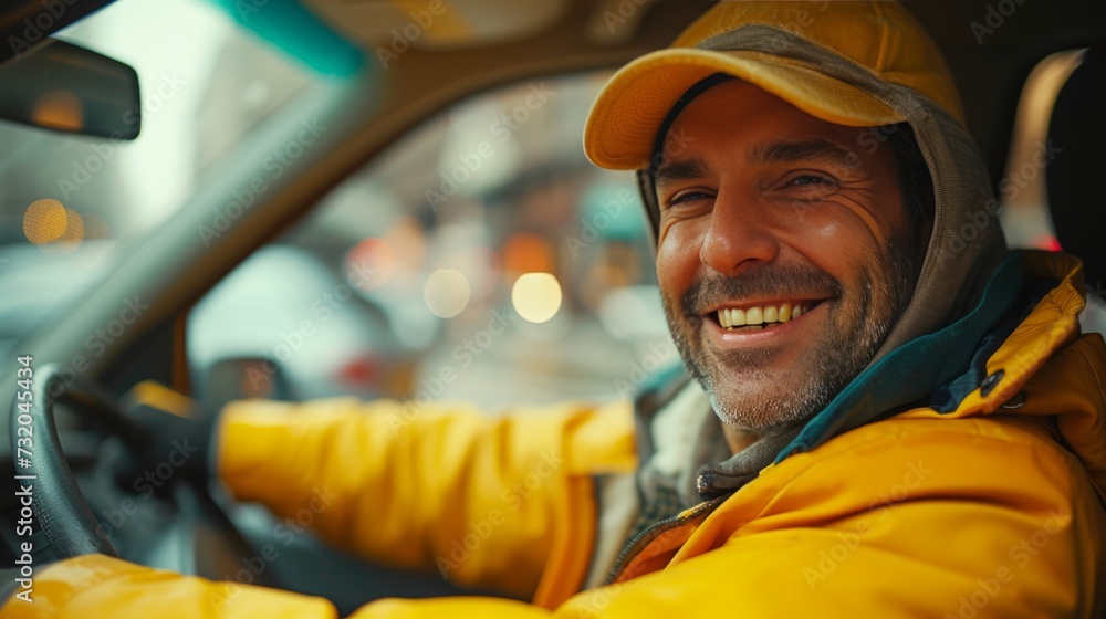 Simple yet captivating background with a grinning taxi driver Simple yet captivating background with a grinning taxi driver
