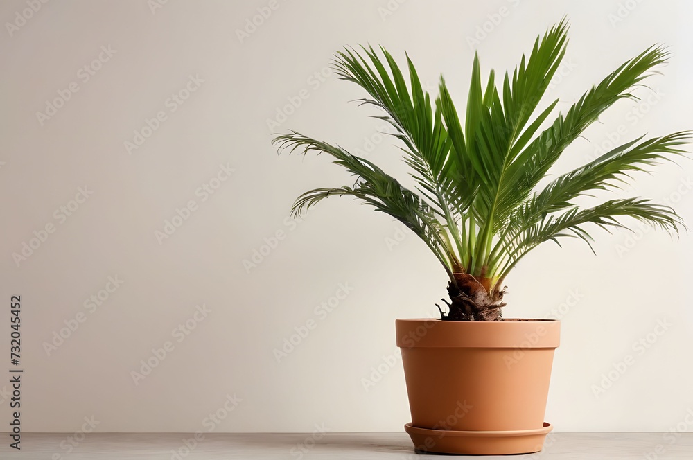 A flower in a pot on a light background, a palm tree in a pot. Copy space, space for text. A flower in a pot on a light background, a palm tree in a pot. Copy space, space for text.