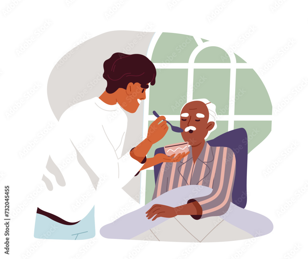 Fototapeta premium Caring for elderly person concept. Girl help old man at bed. Health care and medicine, treatment. Graphic element for website. Cartoon flat vector illustration isolated on white background