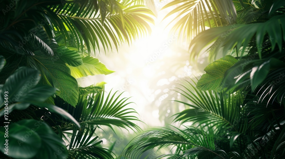 Serene setting with tropical leaves, creating an oasis of calmness and natural beauty in the frame Serene setting with tropical leaves, creating an oasis of calmness and natural beauty in the frame