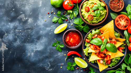 Homemade guacamole with fresh avocado, tomatoes, and spices, served with crispy nachos for a delicious Mexican appetizer