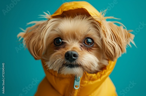 a dog wearing a yellow jacket