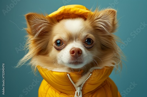 a dog wearing a yellow jacket