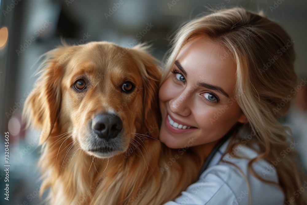 A joyful woman embraces her beloved furry companion, a brown dog of a specific breed, with a beaming smile on her human face as they pose together in a heartwarming display of love and companionship