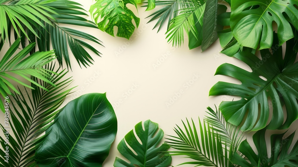 Calm and tranquil setting with scattered tropical leaves Calm and tranquil setting with scattered tropical leaves