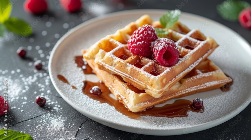Minimalist shot of Belgian waffles arranged artfully on a white plate Minimalist shot of Belgian waffles arranged artfully on a white plate