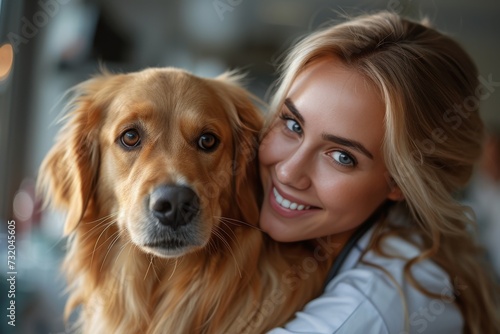 A joyful woman embraces her beloved furry companion, a brown dog of a specific breed, with a beaming smile on her human face as they pose together in a heartwarming display of love and companionship © familymedia