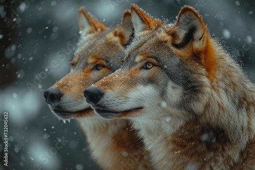 Two majestic wolves, one canis and one red, brave the harsh winter elements together, embodying the strength and resilience of their wild canine kin © familymedia