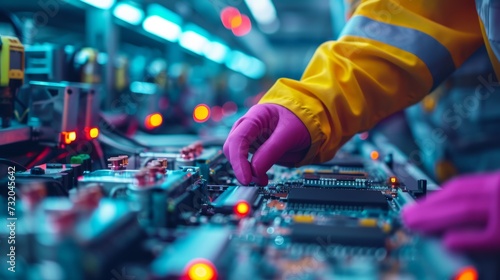 Close-up of a battery testing device and an engineer's hands in rubber gloves. Battery testing lab in a laptop production factory. Strict technical control during the production of gadgets. © Georgii