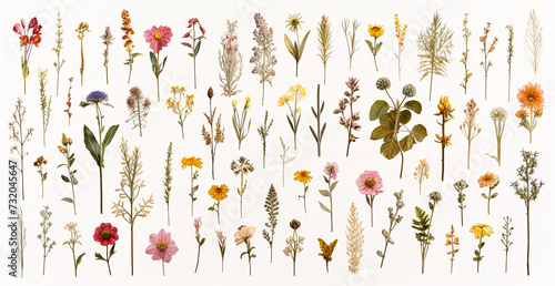 Vibrant set of autumn leaves and plants, alongside dried wild herbs and flowers.