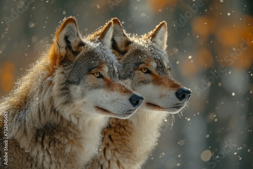 Two majestic wolves  a mix of canine and wild  stand tall in the winter wonderland  their coats blending into the snowy landscape as they embody the untamed spirit of nature