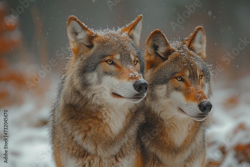 Two majestic wolves, a red wolf and a swift fox, stand strong and swift in the snowy winter landscape, embodying the wild and untamed spirit of the canis species