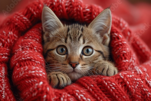 A cozy malayan tabby kitten rests peacefully indoors, wrapped in a vibrant red blanket as its whiskers twitch and fur ruffles with contentment