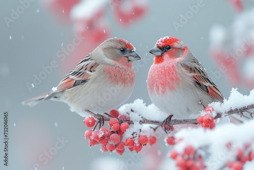 Amidst a snowy landscape, two colorful oscine birds perch on a branch, their red feathers standing out against the winter scenery photo