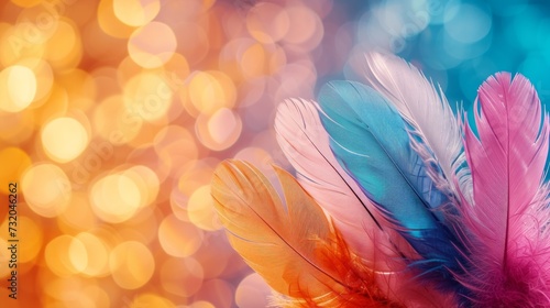 Engaging image showcasing a collection of colorful feathers against an abstra...